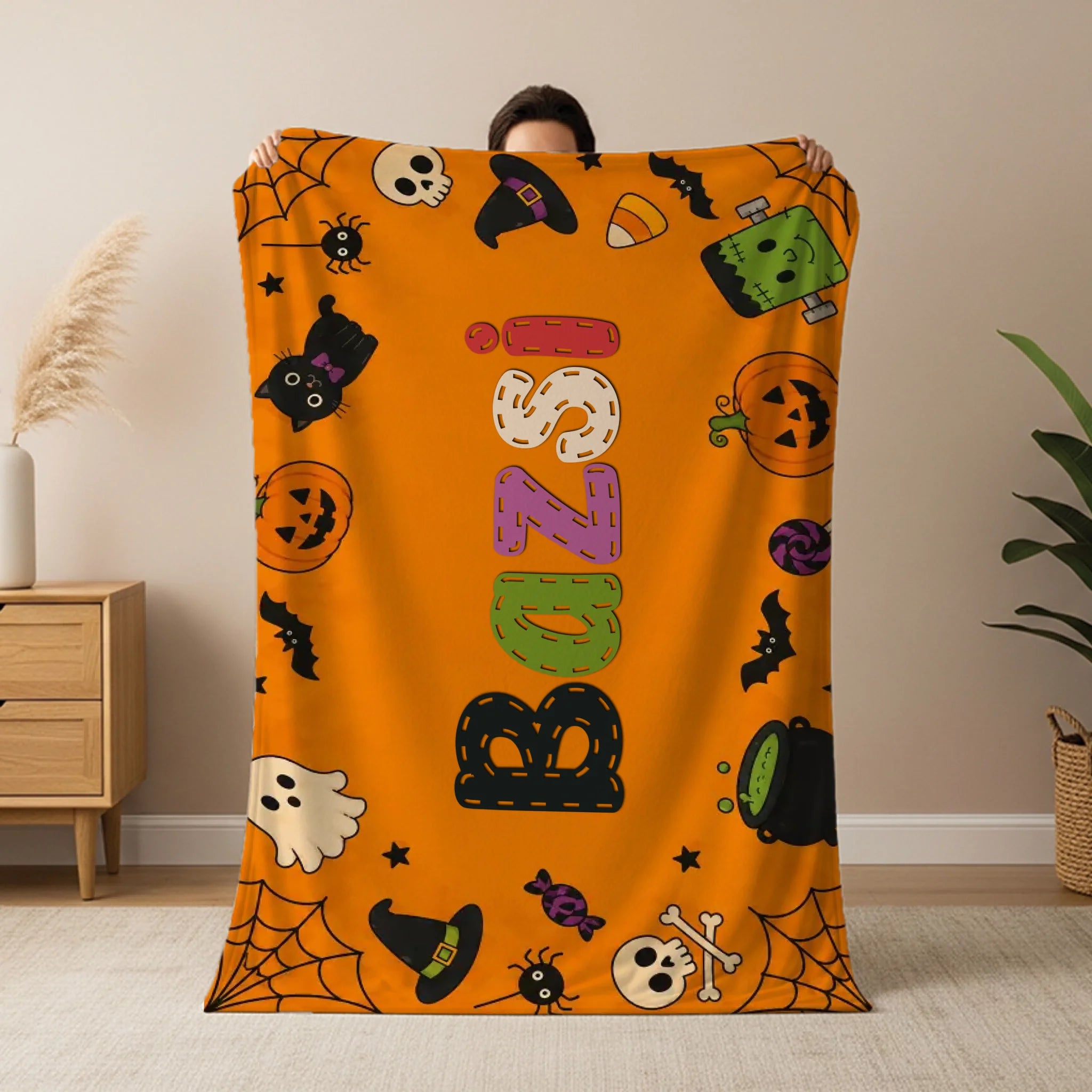 Halloweeni mintás pléd saját névvel - ajándék gyerekeknek