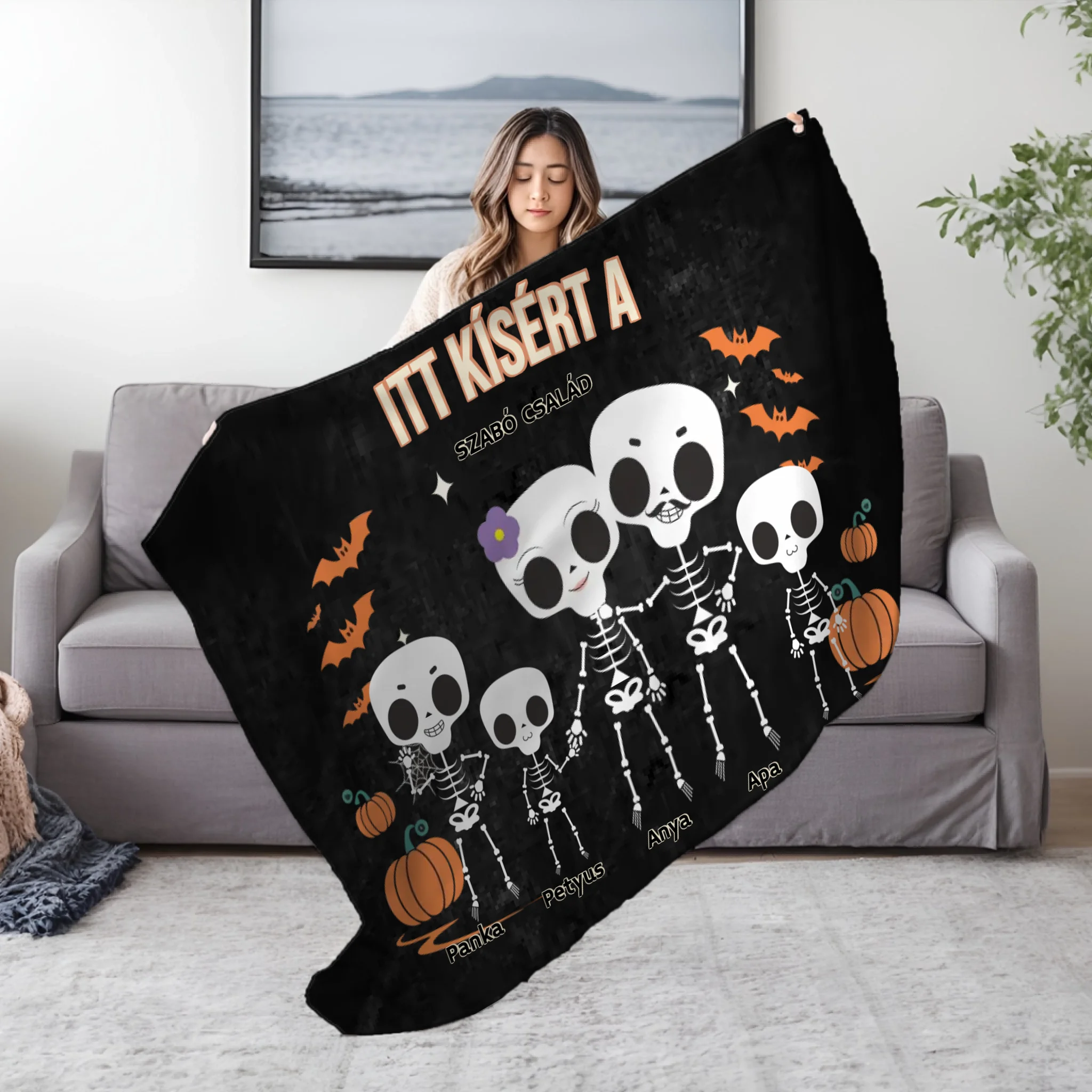 Személyre szabható őszi Halloweeni pléd - Skeleton Crew családi ajándék