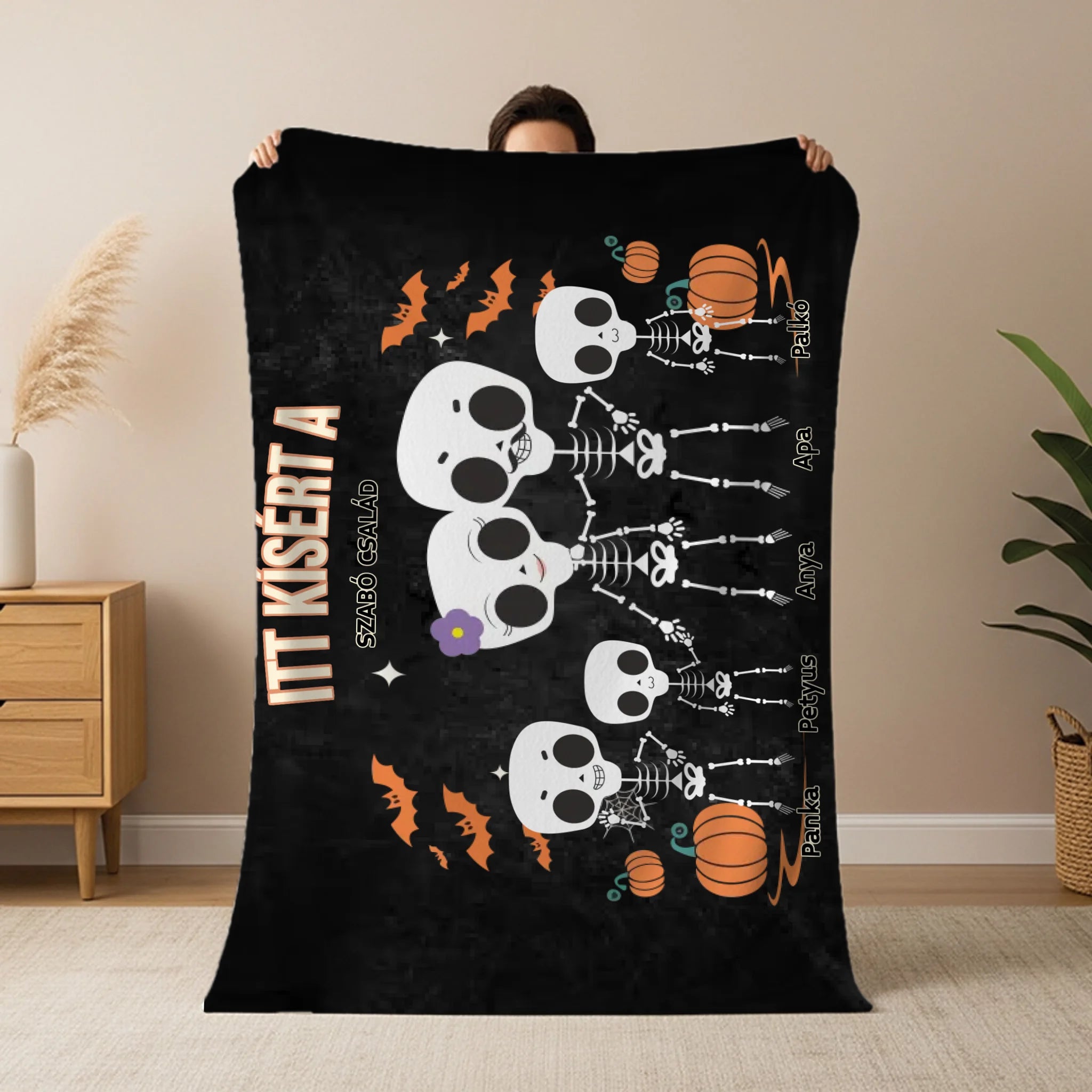Személyre szabható őszi Halloweeni pléd - Skeleton Crew családi ajándék