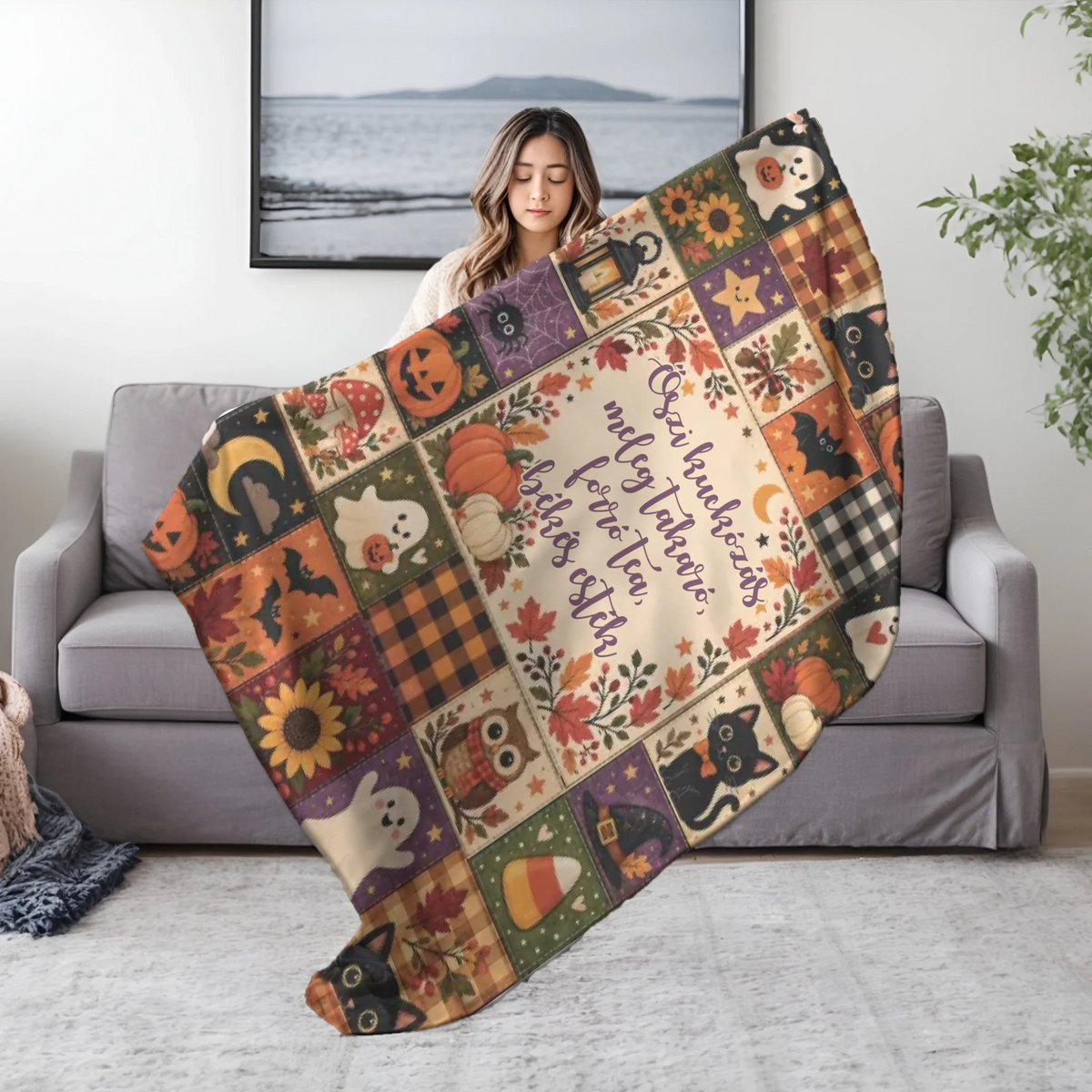 Személyre szabható Halloween pléd őszi patchwork hatású mintával - egyedi névvel és felirattal