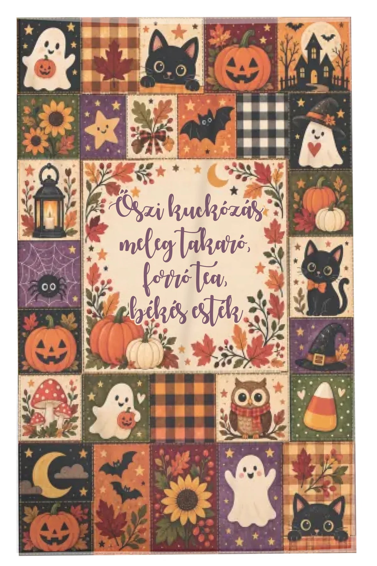 Személyre szabható Halloween pléd őszi patchwork hatású mintával - egyedi névvel és felirattal