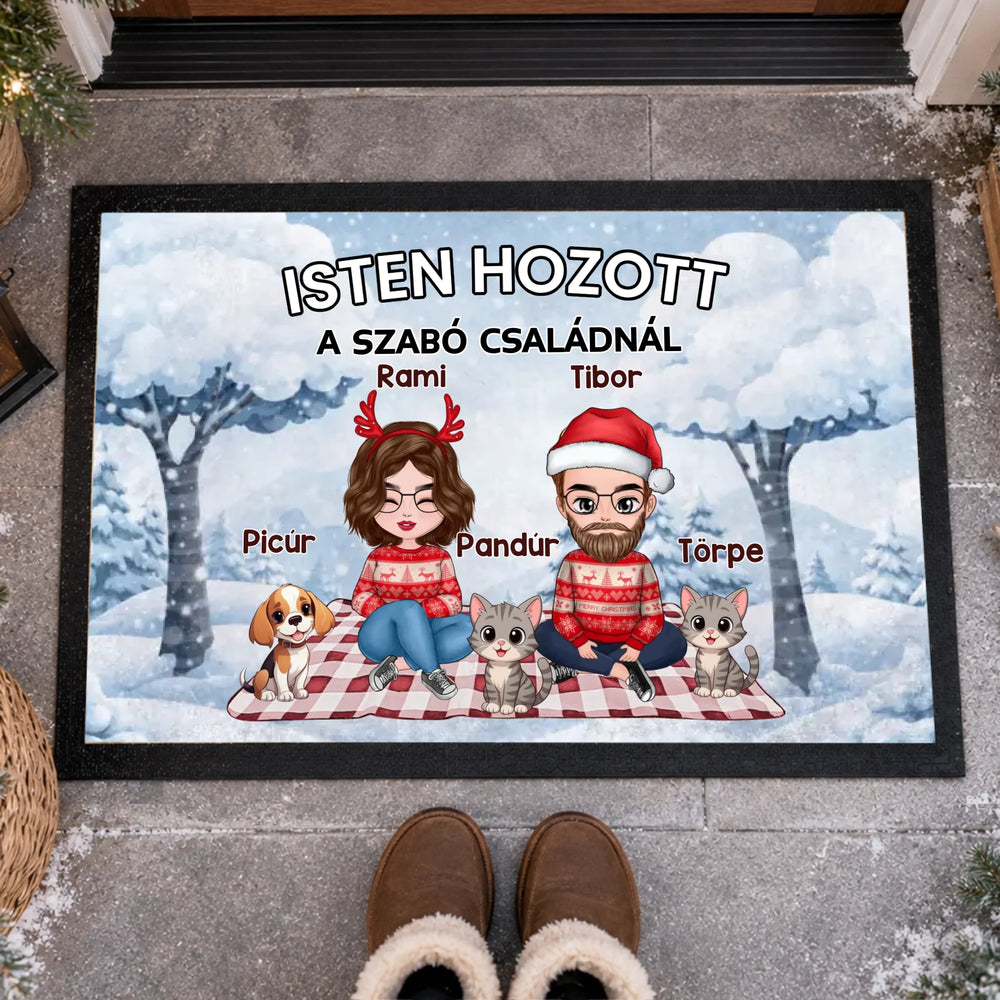 Személyre szabható téli lábtörlő - egyedi családi ajándék pároknak akár 4 kisálattal