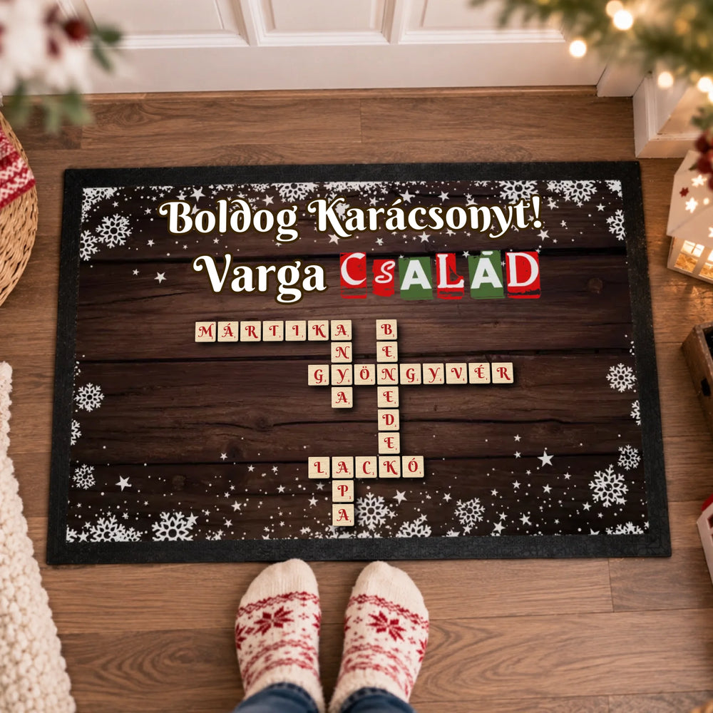 Scrabble mintás - egyedi karácsonyi feliratos lábtörlő családnévvel