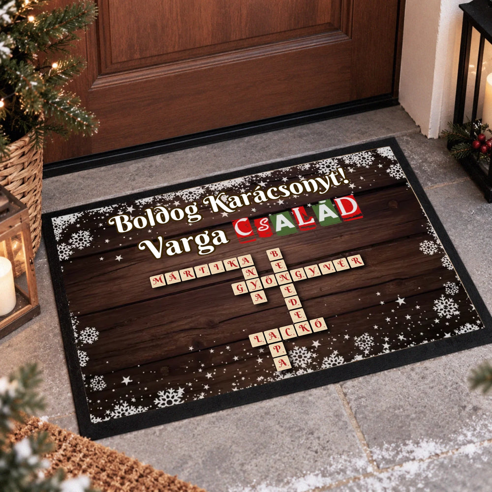 Scrabble mintás - egyedi karácsonyi feliratos lábtörlő családnévvel