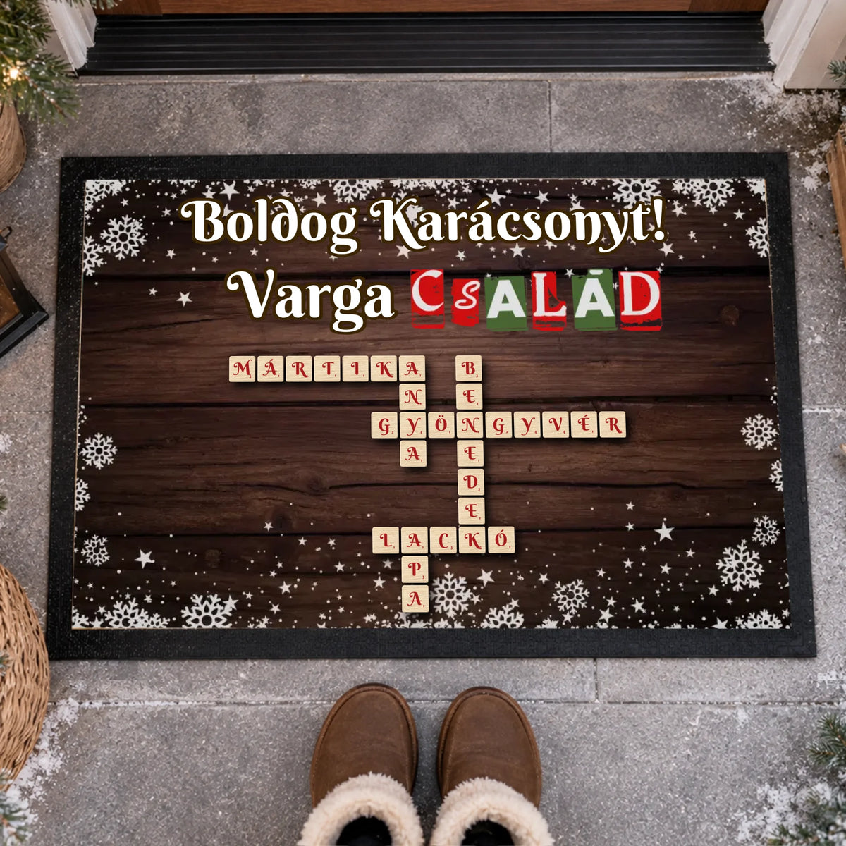 Scrabble mintás - egyedi karácsonyi feliratos lábtörlő családnévvel