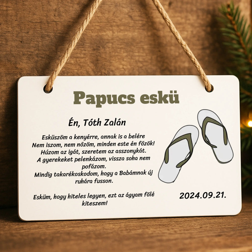 Papucs eskü ajándék fatábla Legénybúcsúkra