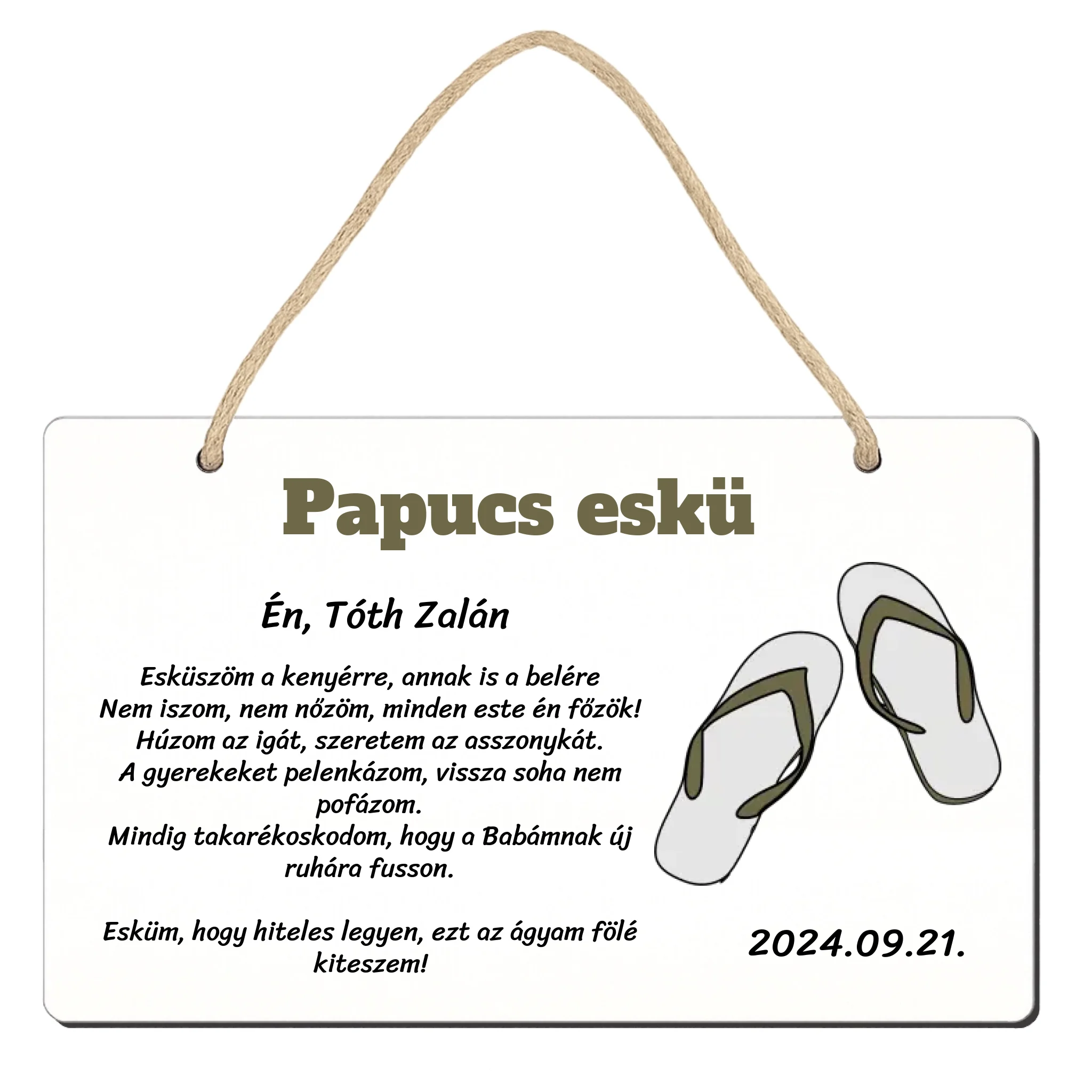 Papucs eskü ajándék fatábla Legénybúcsúkra