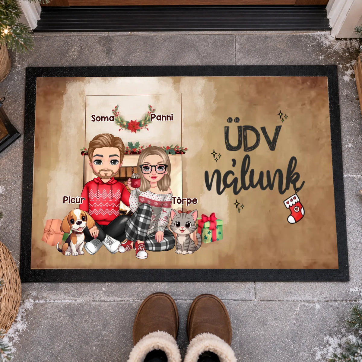 Karácsonyi cuki páros lábtörlő kutyákkal