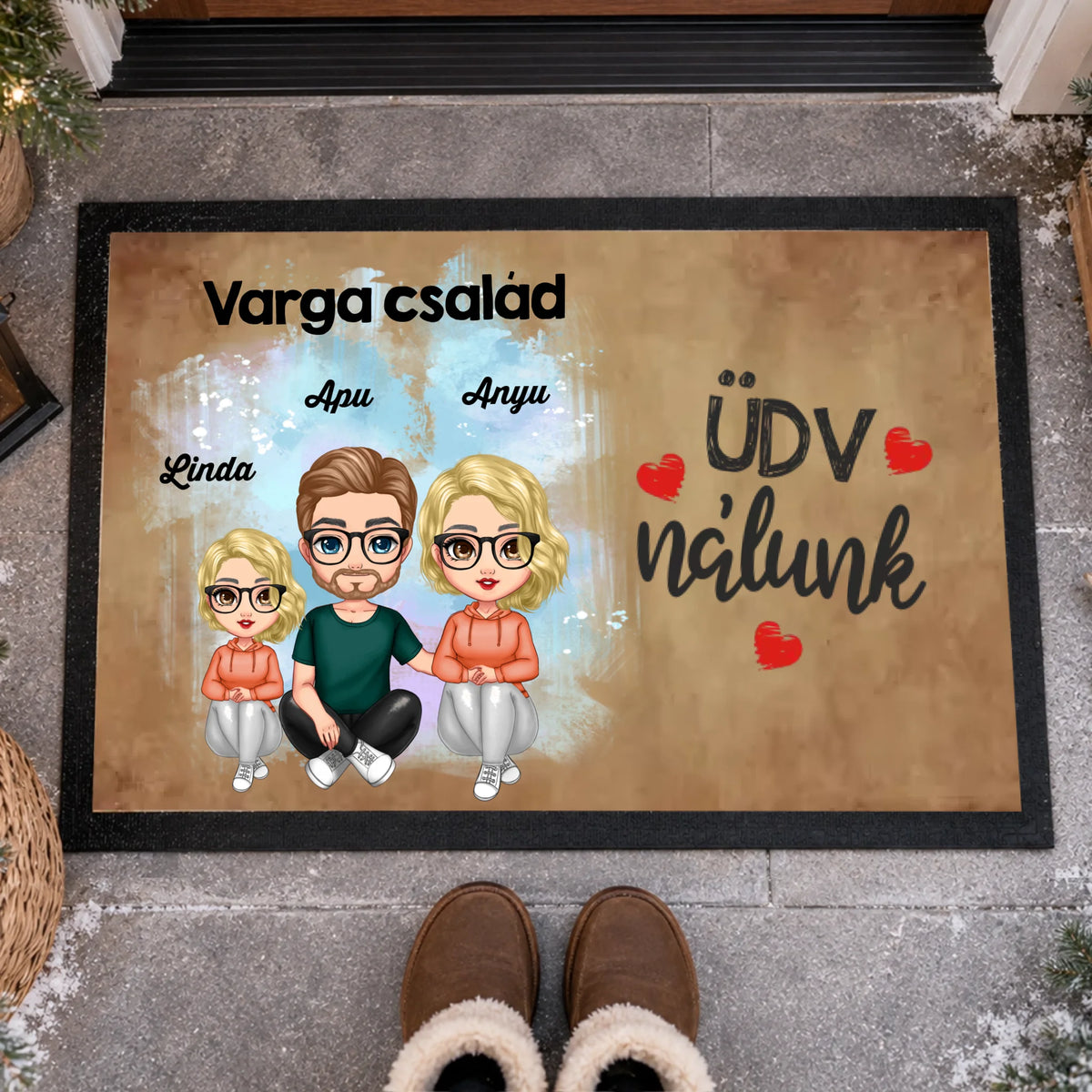 Cukifejű család egyedi lábtörlő