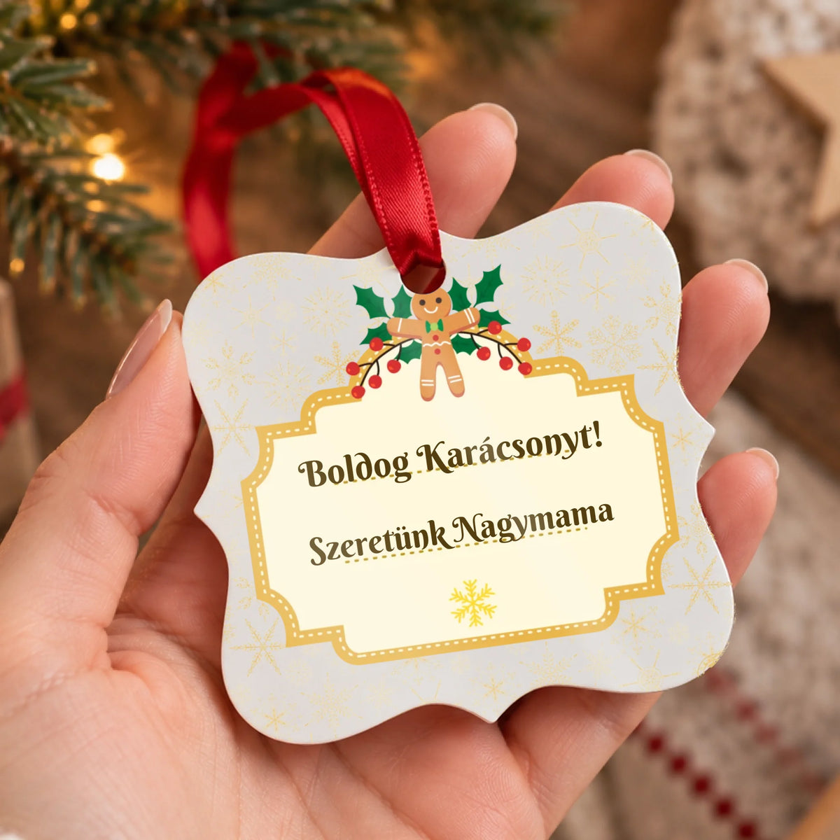 Karácsonyi mintás egyedi feliratos négyzetes karácsonyfadísz