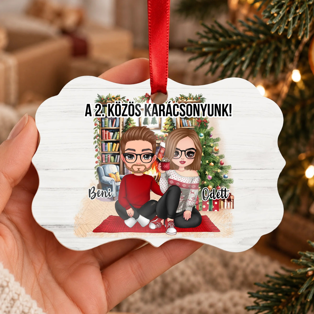 Egyedi karácsonyi ajándék pároknak - szerkeszthető karakteres karácsonyfadísz