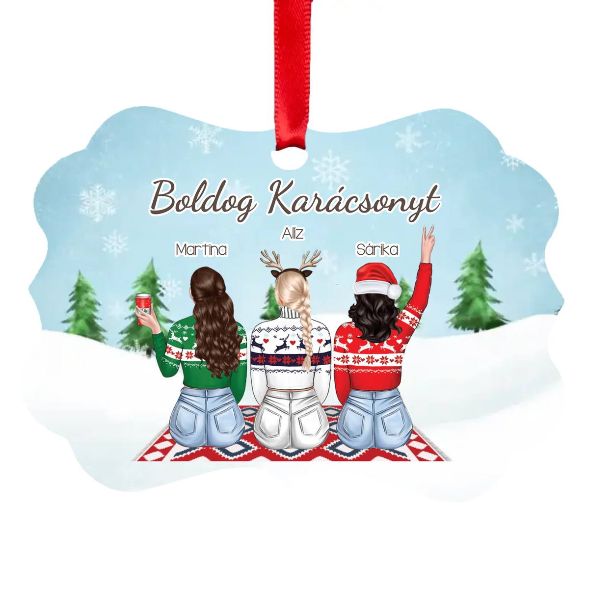 Karácsonyfadísz barátnőknek - szerkeszthető karakteres hosszúkás dísz