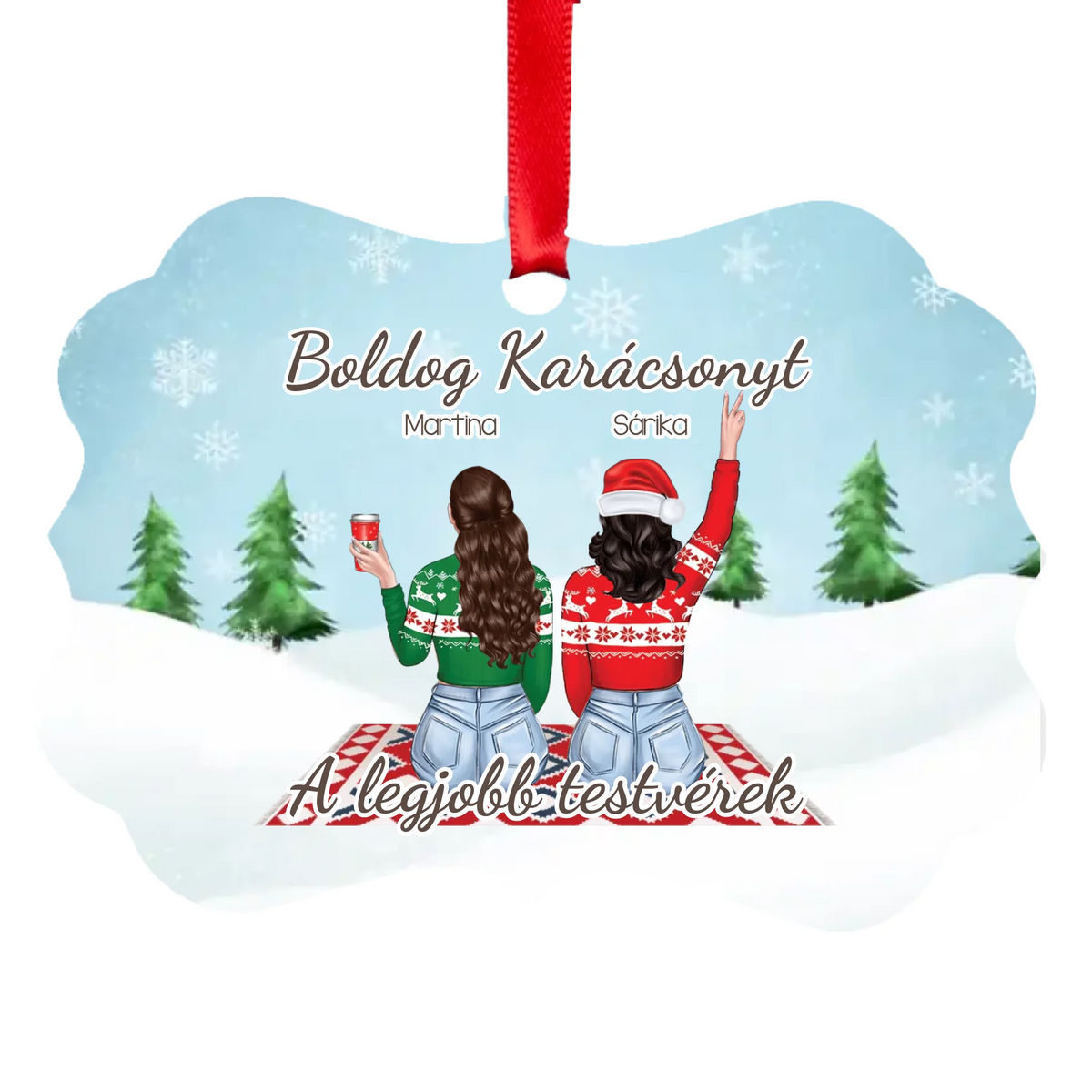 Karácsonyfadísz lánytestvéreknek - szerkeszthető karakteres hosszúkás dísz