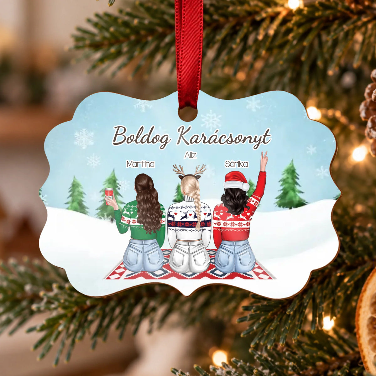 Karácsonyfadísz barátnőknek - szerkeszthető karakteres hosszúkás dísz