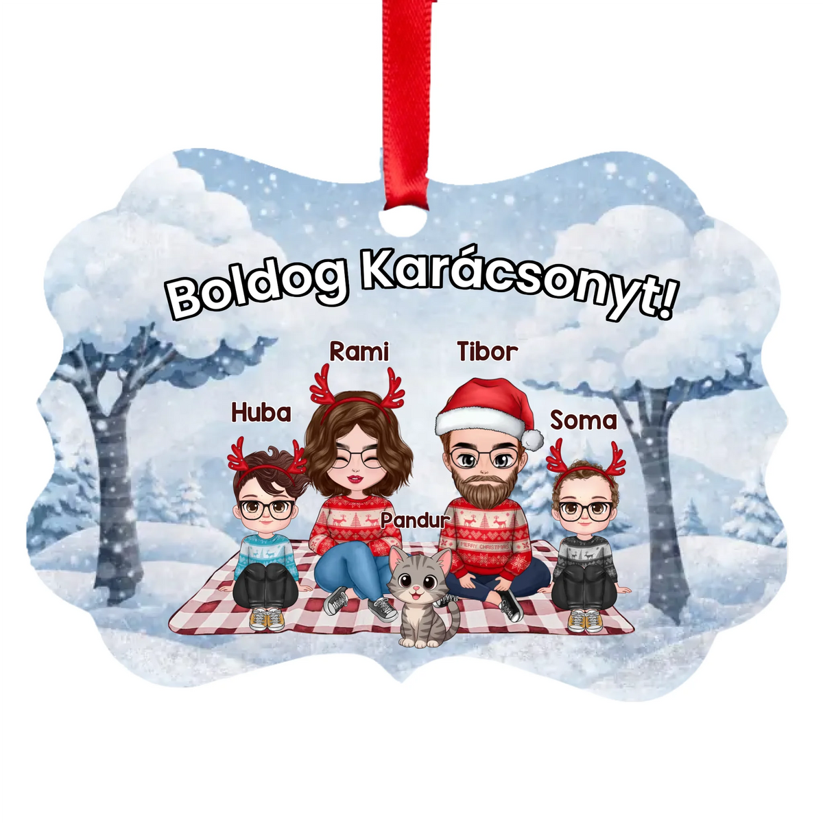 Cuki családos karácsonyi hosszúkás dísz