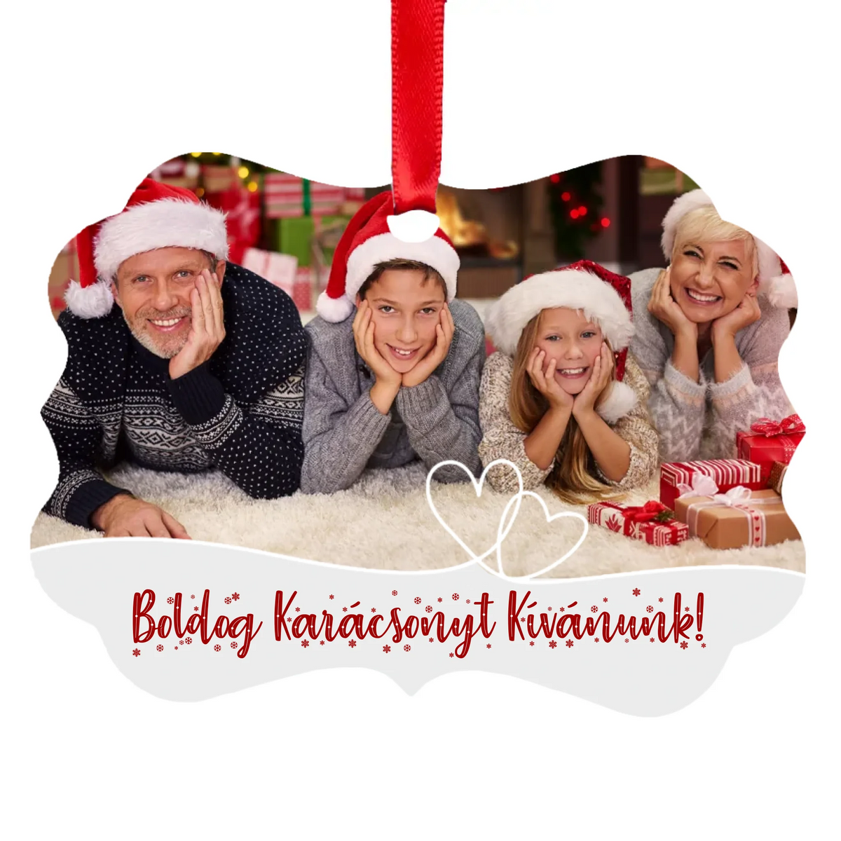 Egyedi fényképes karácsonyfadísz szerkeszthető felirattal