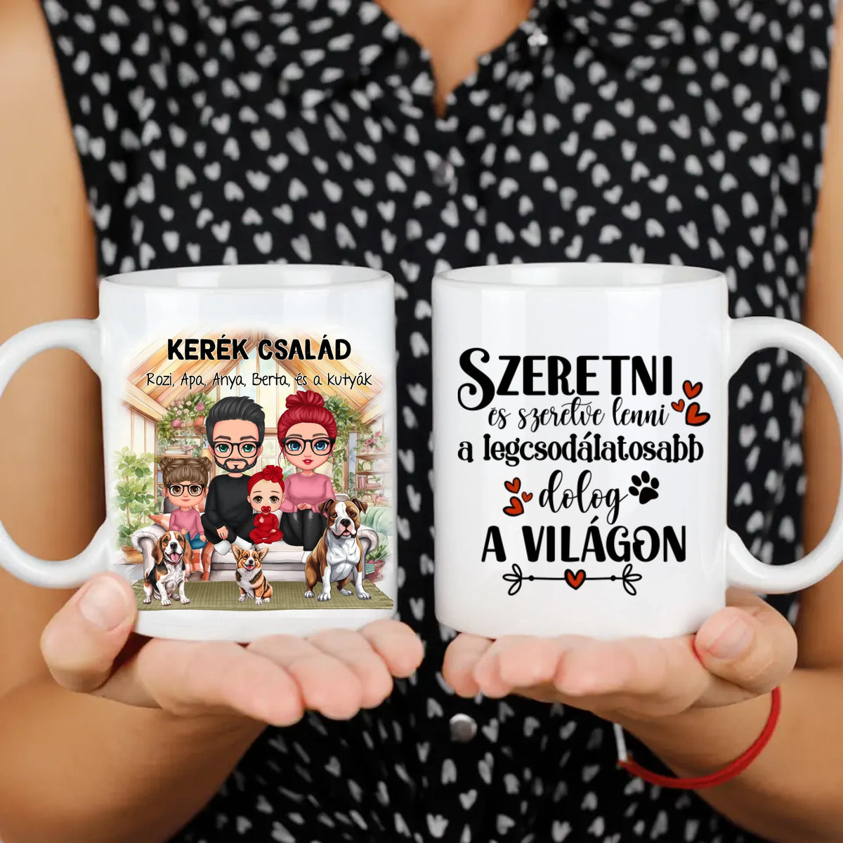 Egyedi ajándék bögre személyre szabható karakterekkel - cuki család kutyákkal
