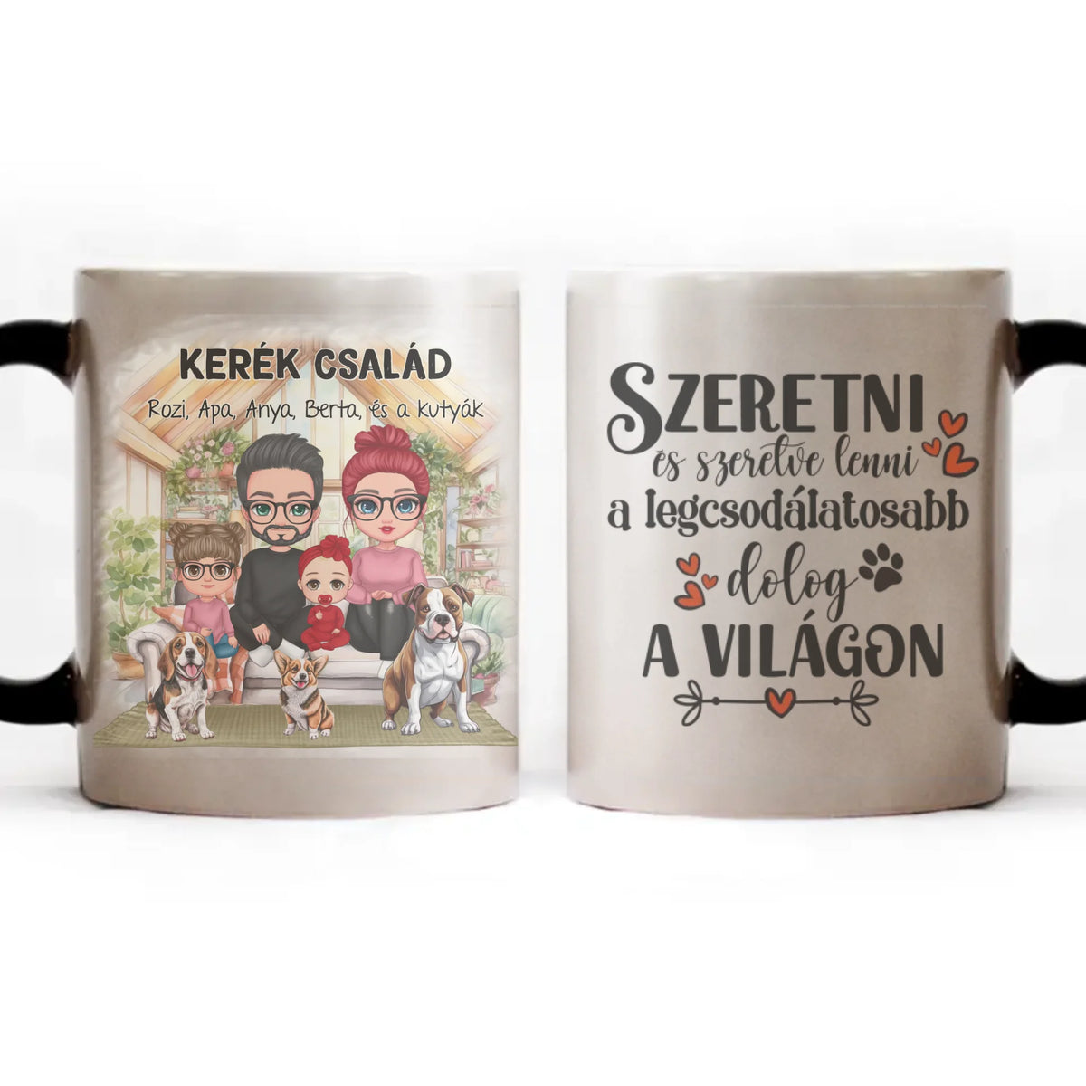 Egyedi ajándék bögre személyre szabható karakterekkel - cuki család kutyákkal