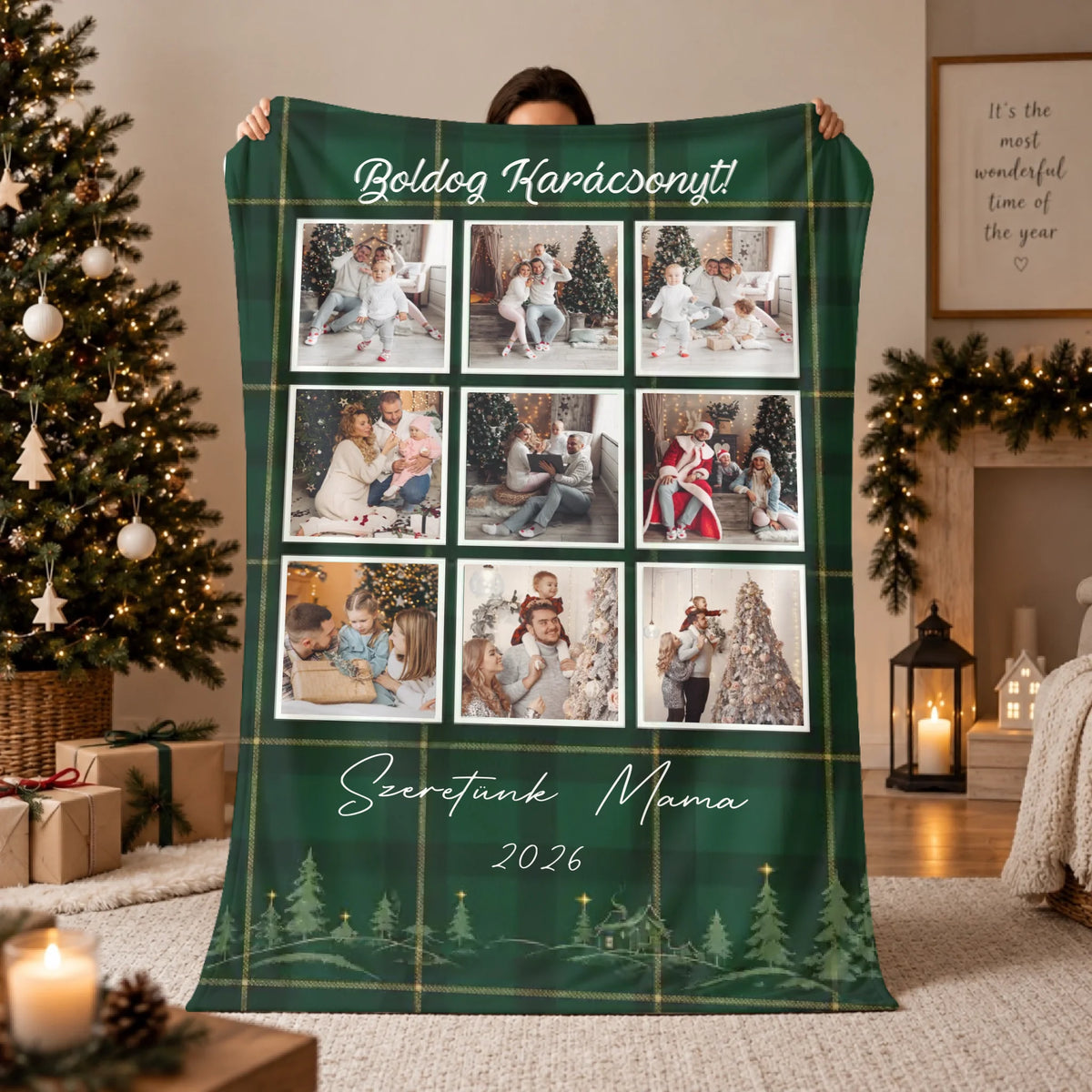 Karácsonyi fényképes pléd 9 fotóval – skót kockás mintával