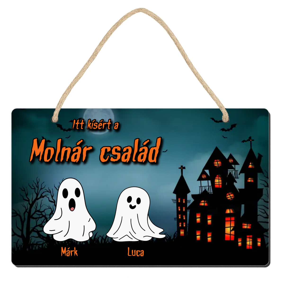 Személyre szabható halloweeni dísztábla - névvel és szellemekkel