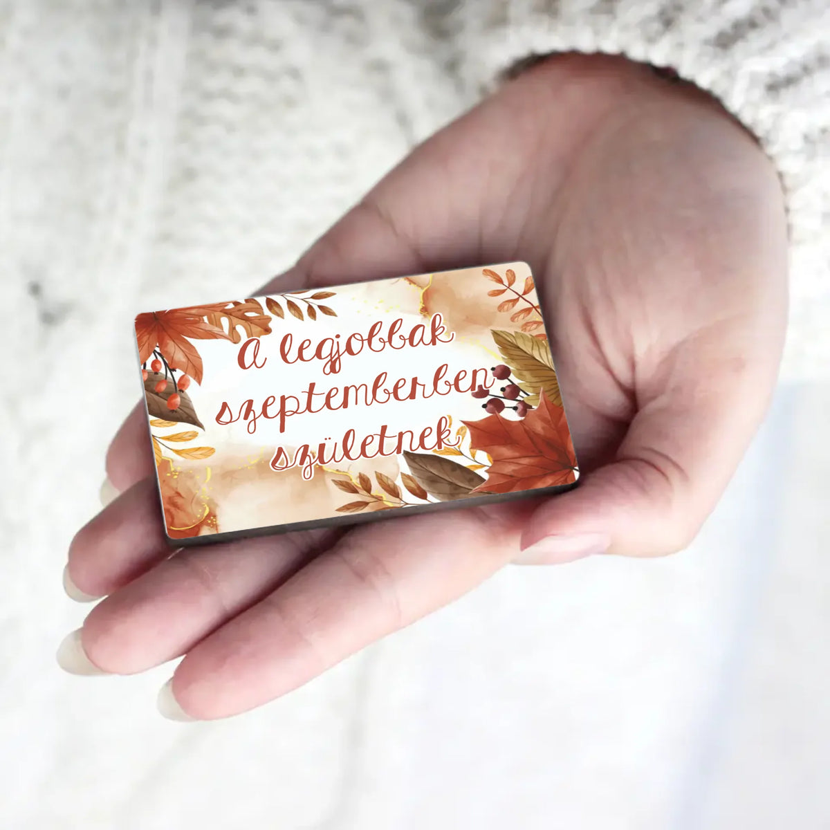Egyedi feliratos hűtőmágnes őszi levél mintával