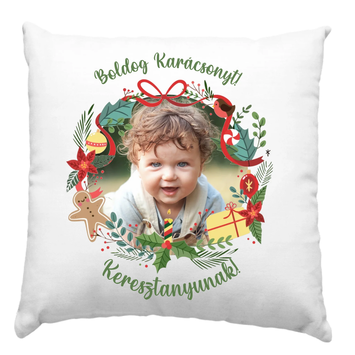 Egyedi képes karácsonyi keretes párna felirattal