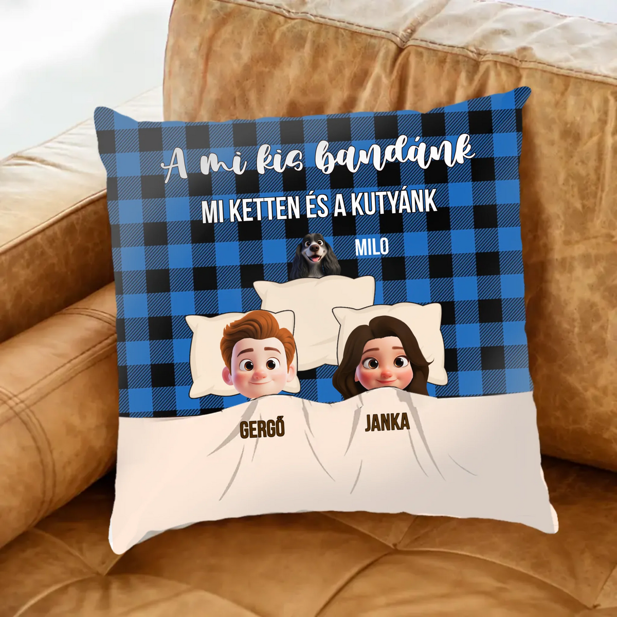 Szerkeszthető karakteres párna gazdiknak akár 4 kutyával egyedi névvel és felirattal