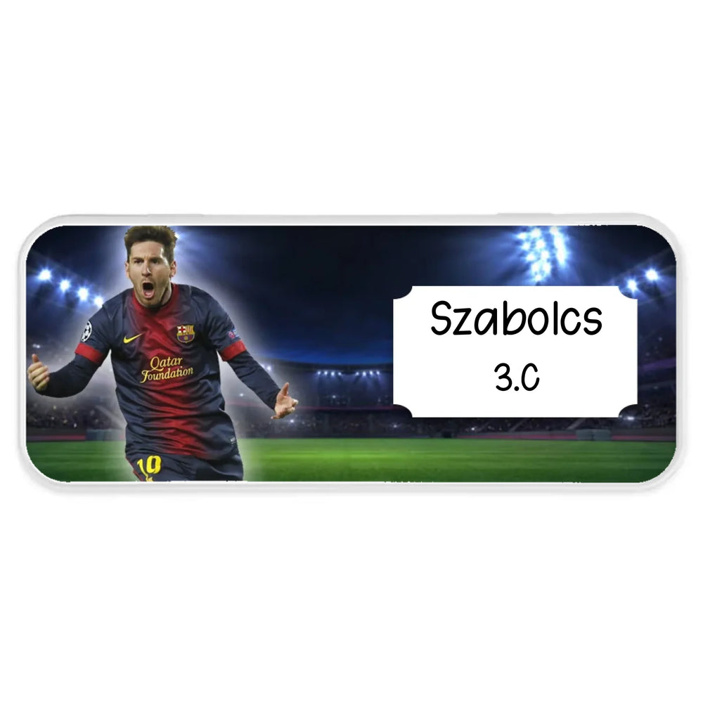 Leo Messi mintás fém tolltartó - egyedi névvel