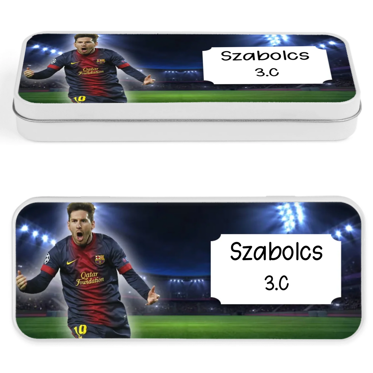 Leo Messi mintás fém tolltartó - egyedi névvel