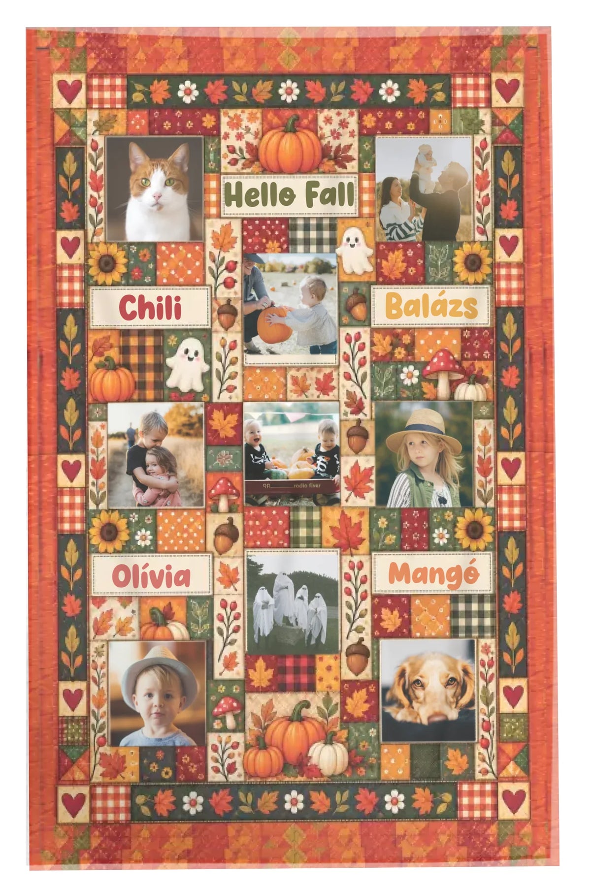 Egyedi 9 képes, feliratos őszi pléd - patchwork hatású mintával