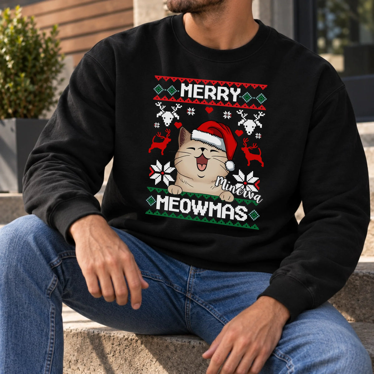 Merry Meowmass pulóver gazdiknak választható macskával - egyedi karácsonyi ajándék