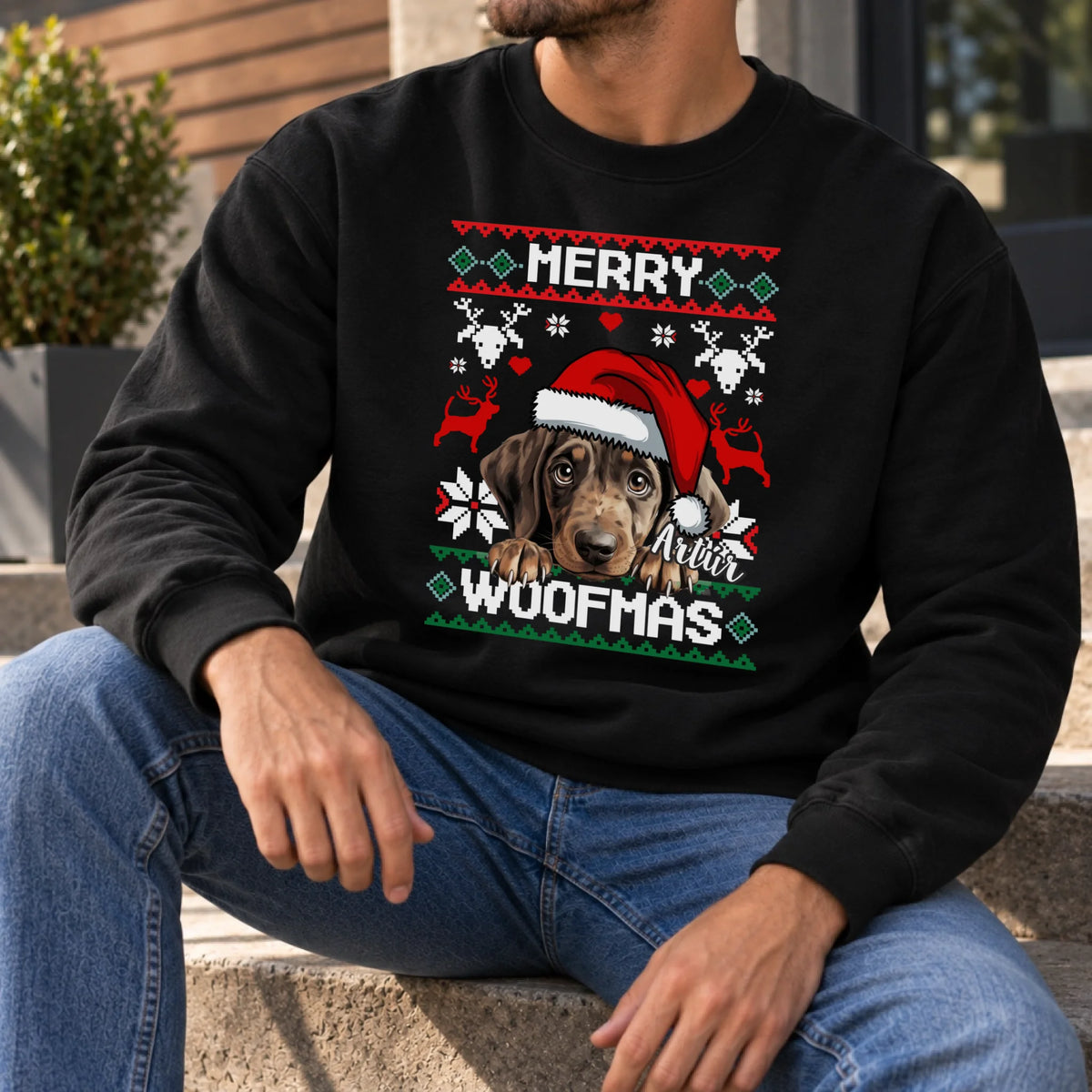 Merry Woofmass pulóver gazdiknak választható kutyával - egyedi karácsonyi ajándék