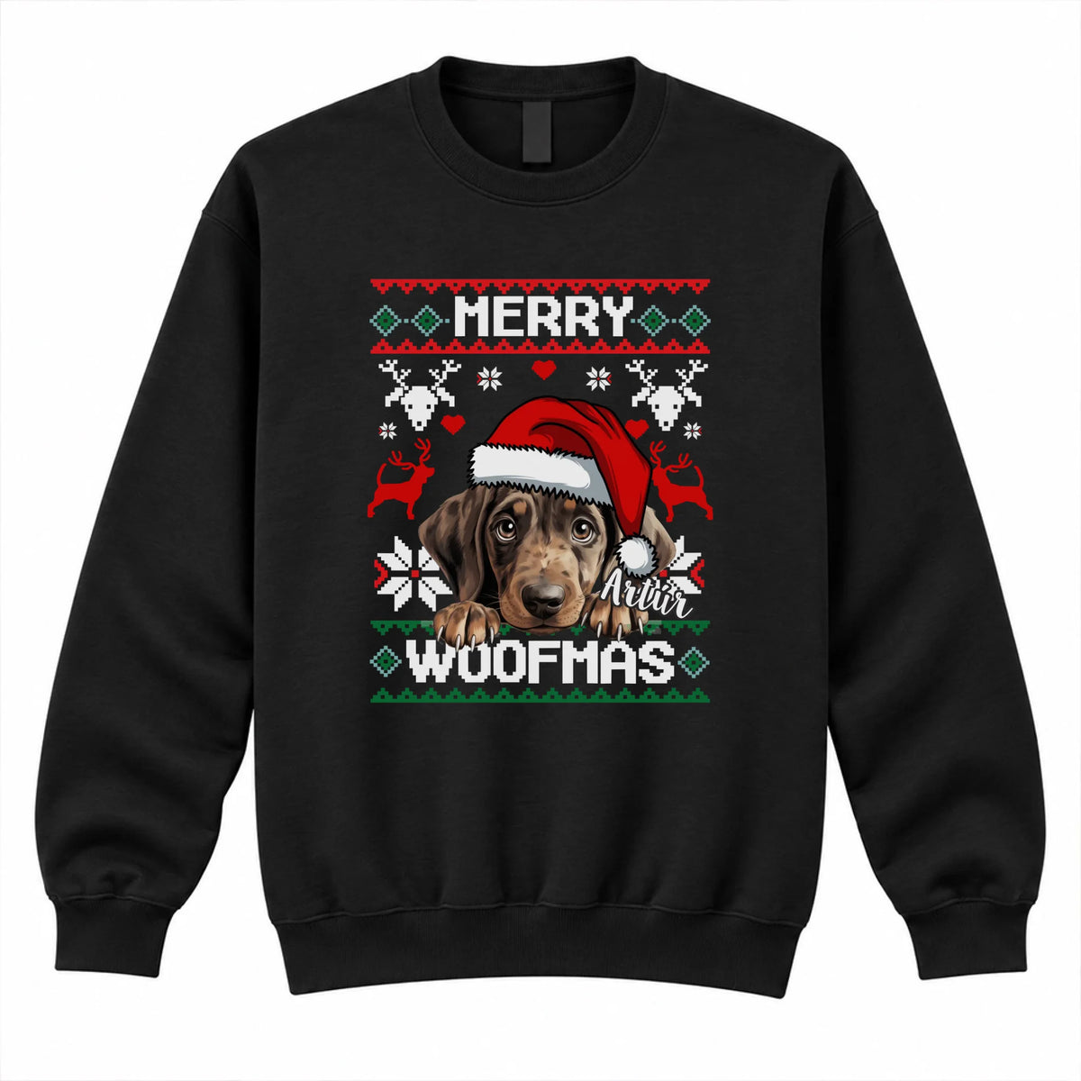 Merry Woofmass pulóver gazdiknak választható kutyával - egyedi karácsonyi ajándék