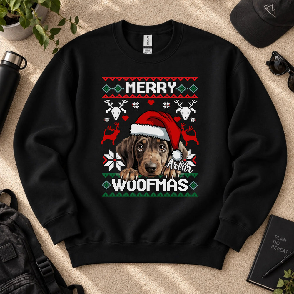 Merry Woofmass pulóver gazdiknak választható kutyával - egyedi karácsonyi ajándék