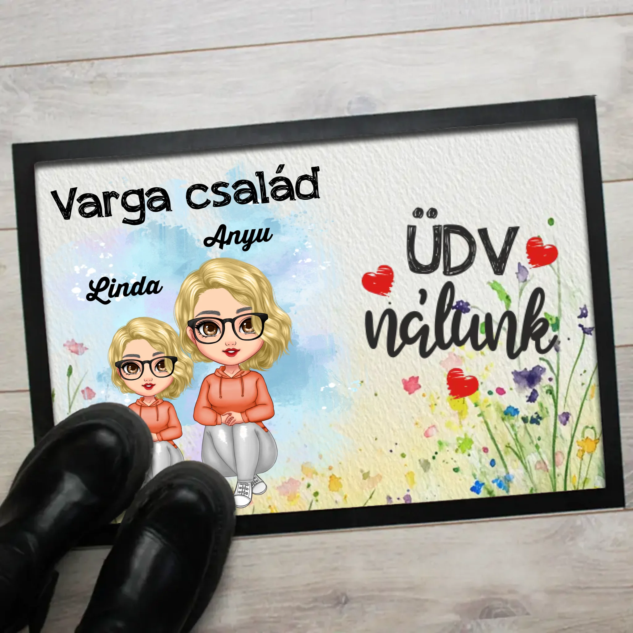 Szerkeszthető karakteres anya és gyerekek lábtörlő választható felirattal
