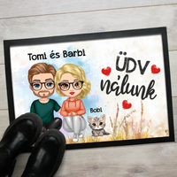 Szerkeszthető páros karakteres lábtörlő virágos mintával és cicákkal