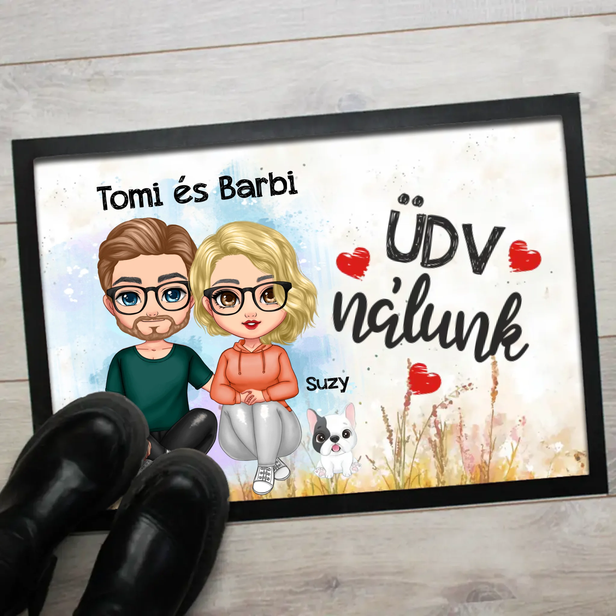 Szerkeszthető páros karakteres lábtörlő virágos mintával és kutyákkal