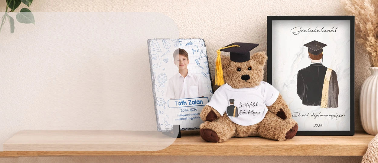 Egyedi ballagási ajándékok névvel és fotóval – gránitlap, plüss maci és falikép