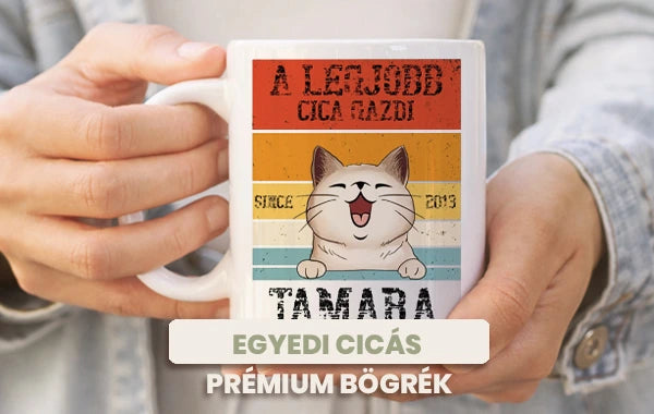 egyedi  cicás  bögre fehér prémium bögrén