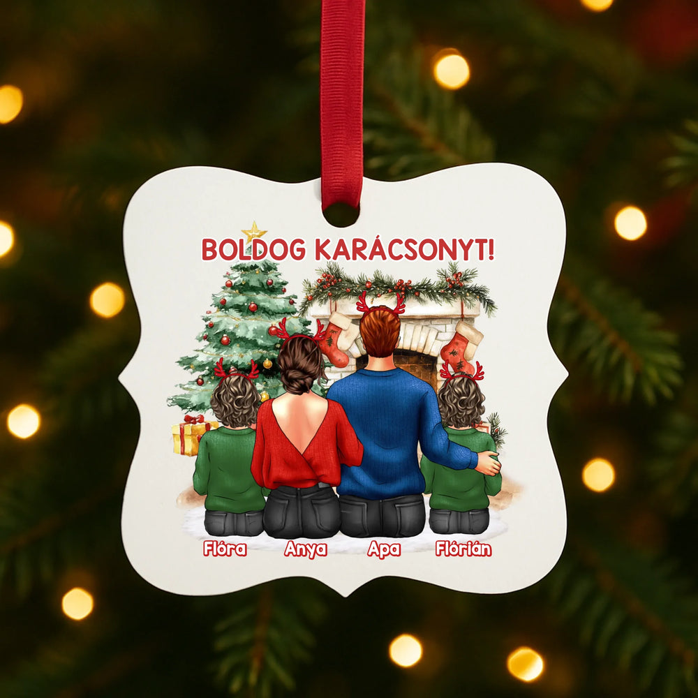 Családi mintás karácsonyfadísz fehér alapon
