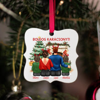 Családi mintás karácsonyfadísz fehér alapon