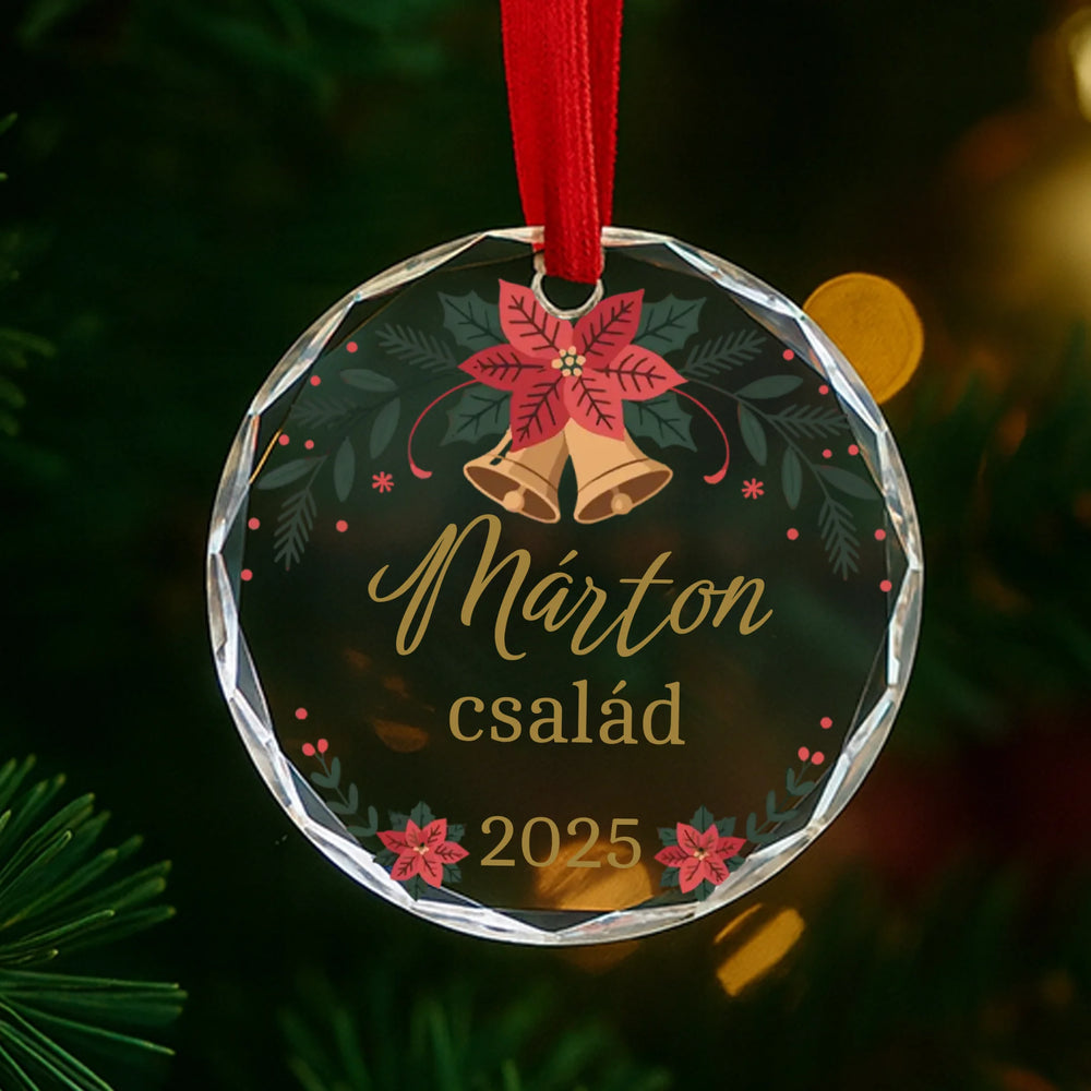 Egyedi család feliratos ajándék üveg karácsonyfadísz