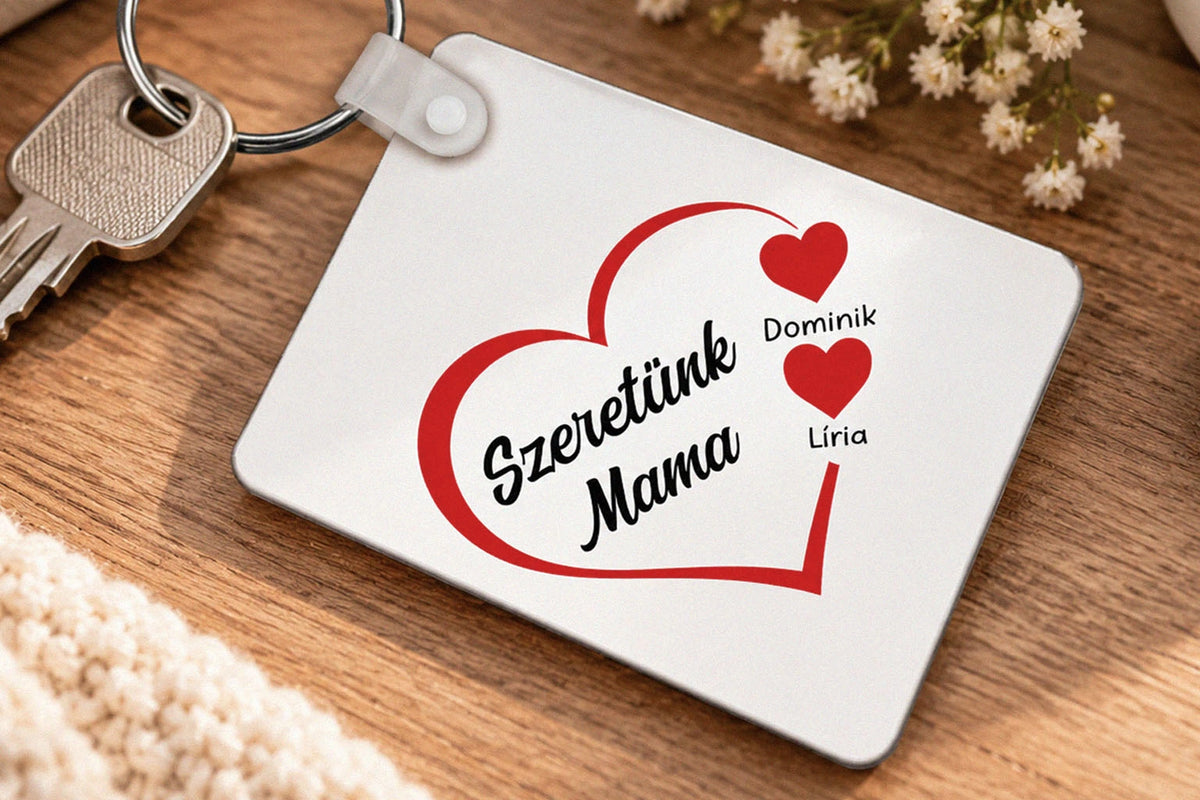 egyedi feliratos kulcstartó szeretünk mama felirattal egyedi névvel