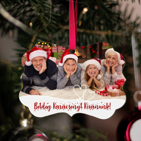 Egyedi fényképes karácsonyfadísz szerkeszthető felirattal