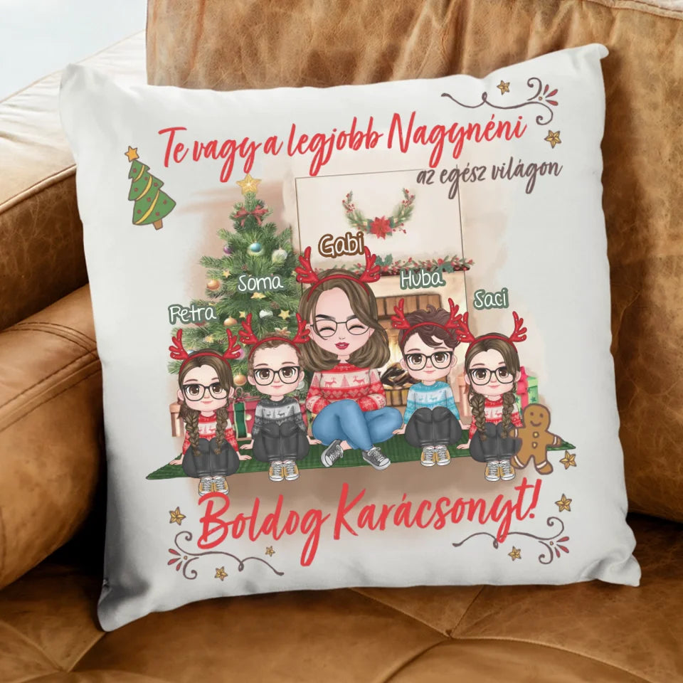 Egyedi karácsonyi ajándék nagynéniknek - cuki karakteres legjobb nagynéni párna fehér alapon