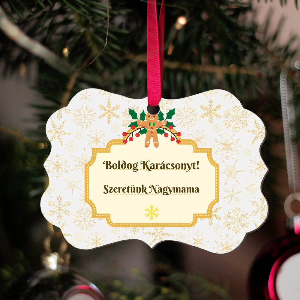 Egyedi mintás hosszúkás karácsonyfadísz szerkeszthető felirattal