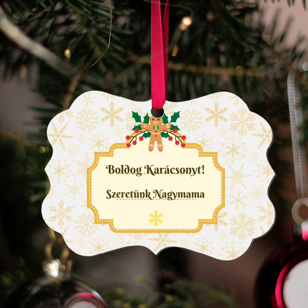 Egyedi mintás hosszúkás karácsonyfadísz szerkeszthető felirattal