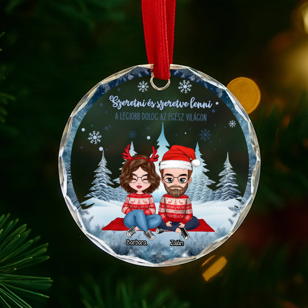 Szeretni és szeretve lenni - egyedi ajándék üveg karácsonyfadísz pároknak