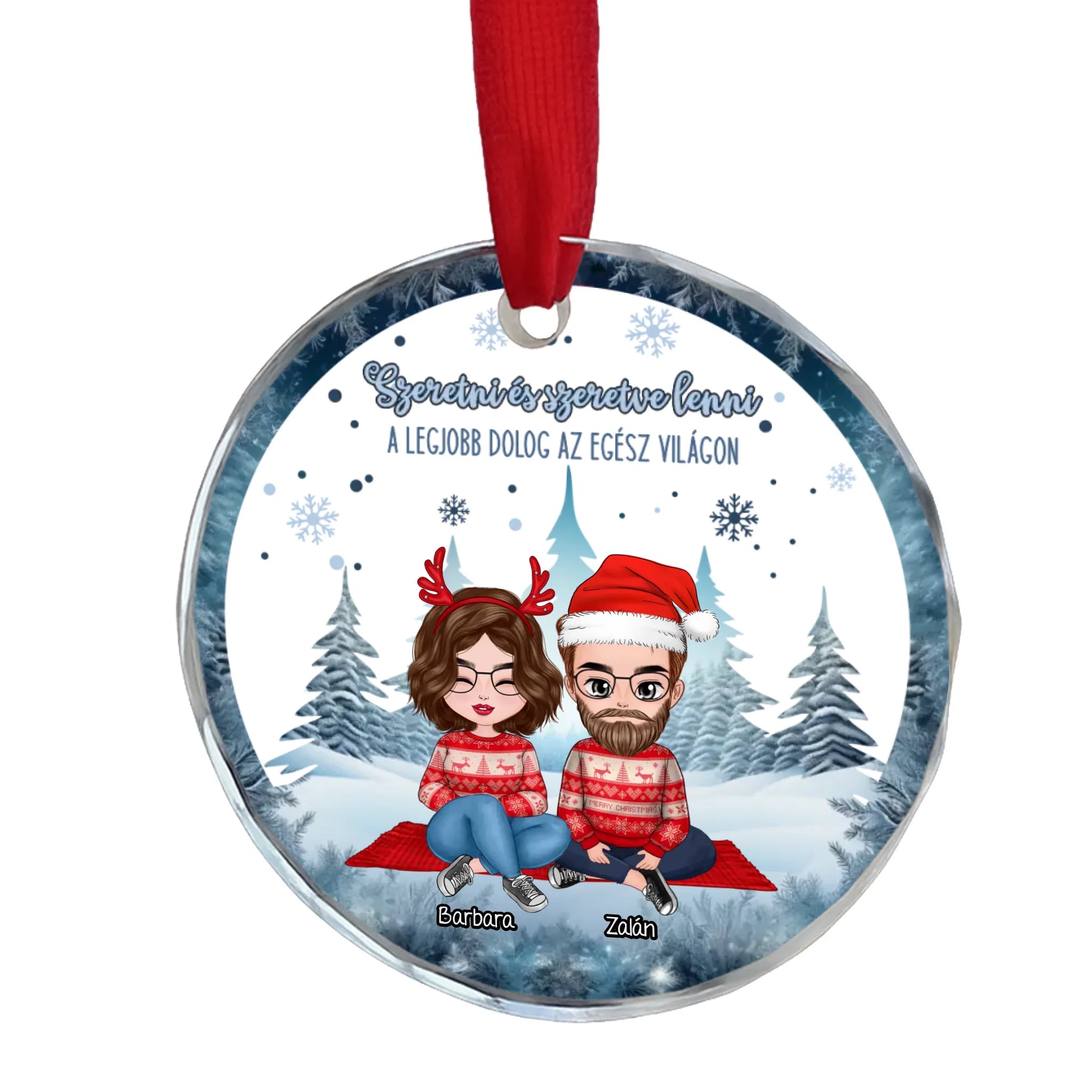 Szeretni és szeretve lenni - egyedi ajándék üveg karácsonyfadísz pároknak