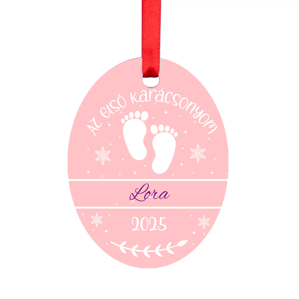 Az első karácsonyom - feliratos ovális karácsonyfadísz lányoknak egyedi névvel